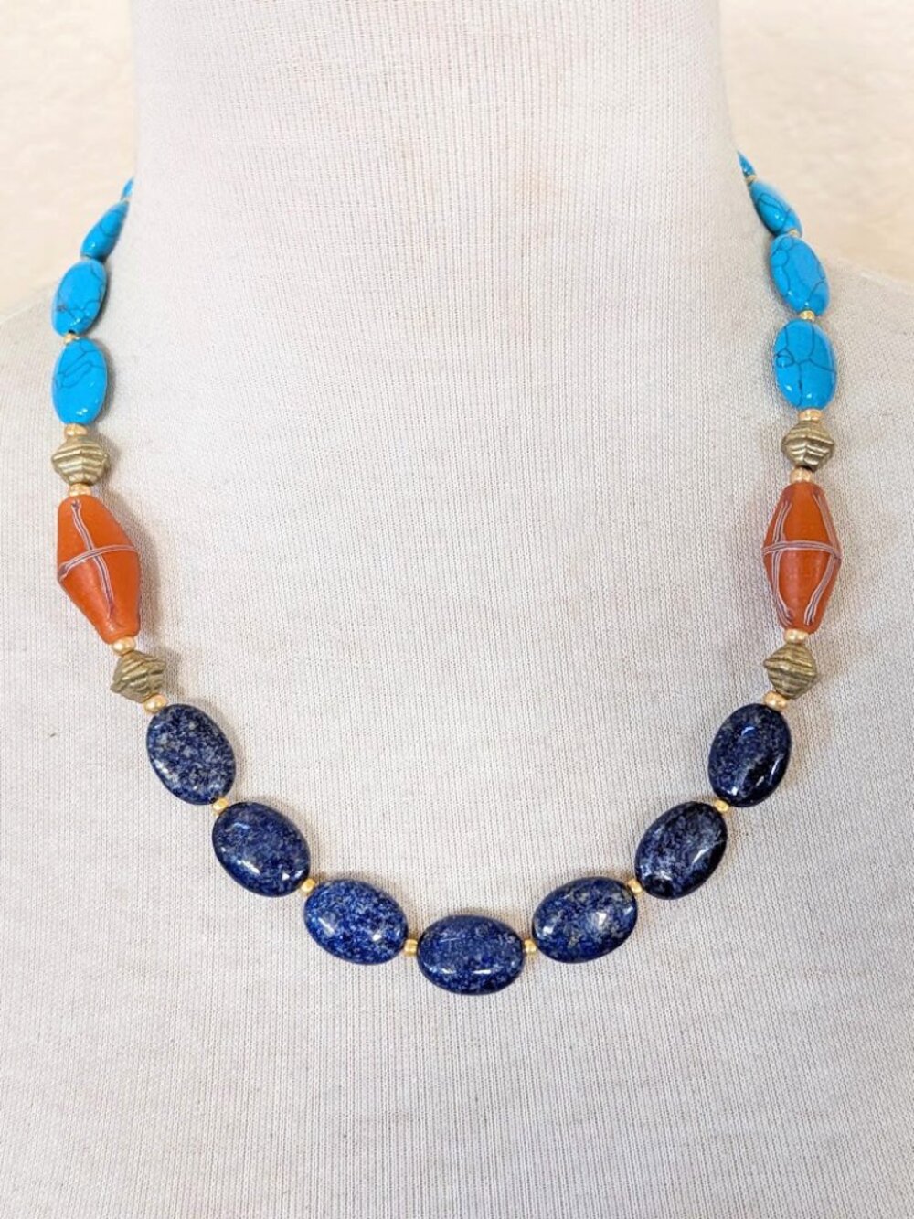 Navy Blue, Turquoise & Orange Lapis Lazuli & Recycled Glass Statement Necklace